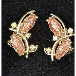 Signed Emmons Clip On Earrings Aurora borealis crystal w Pink shimmering stones.